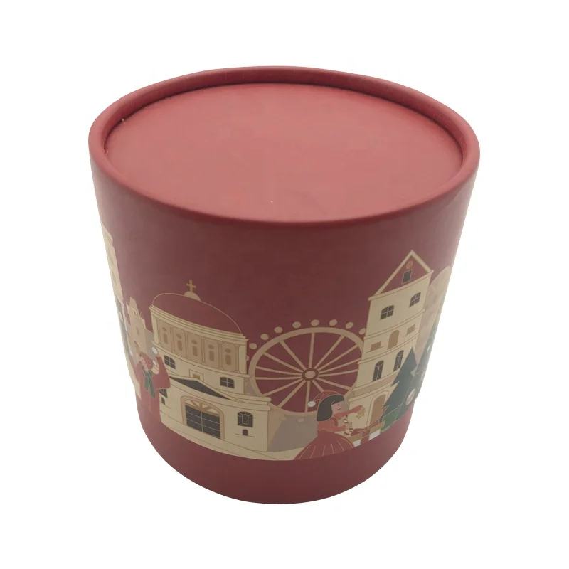 Red Cartoon Pattern Customized Logo Lid and base box with Crimping  Paper package Color printing Cylindrical gift box