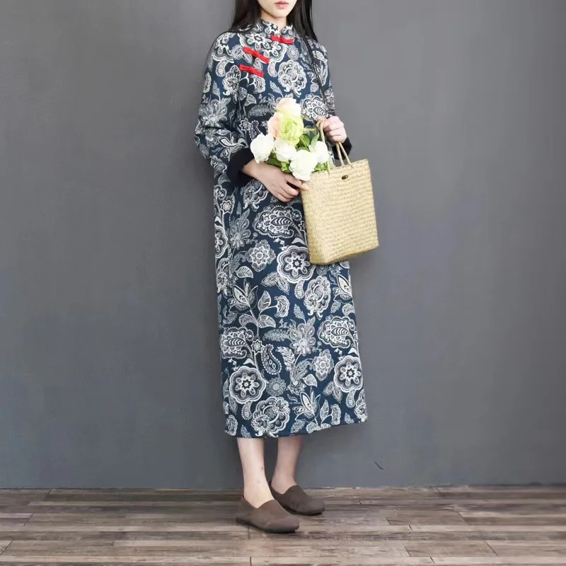 Custom Chinese Casual Autumn Winter Loose A-Line Stand Neck Long Sleeve Maxi Linen Cotton Flower Print Dress Woman With Buttons