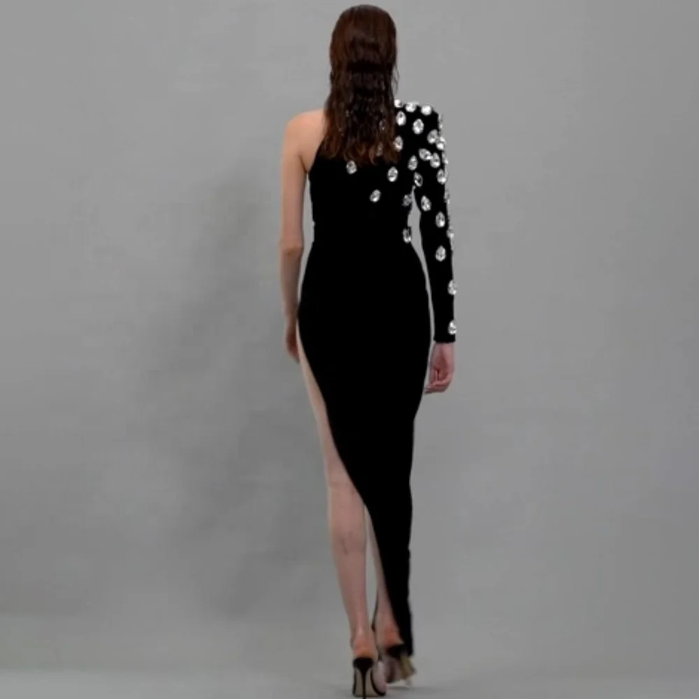 One off Shoulder Luxury Black Rhinestone Diamond Evening Bandage Para Mujer Celebrity Party Wholesale Women Dress Vestido Outfit