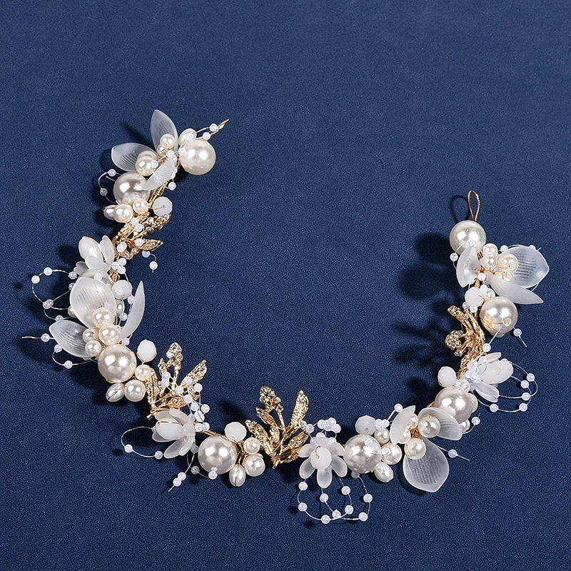 Pearly Flower Alloy Hair Band Necklace Jewelry Set Circle Beaded Jewelry Set With Earing Pearls Bride Hair Accessories Wedding