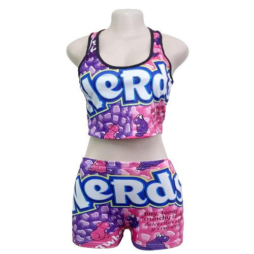 
Wholesale Custom Summer Yoga Gym Romper Biker Candy Two Piece Sexy Girls Shorts Skittle Booty Snack Woman Shorts Set 