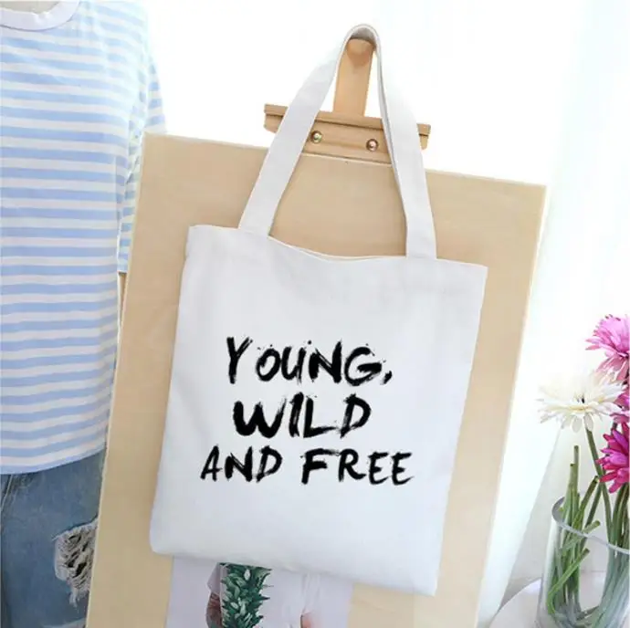 Wholesale Eco Black White Young Wild and Free Print Cotton Canvas Tote Bag for Women Girls