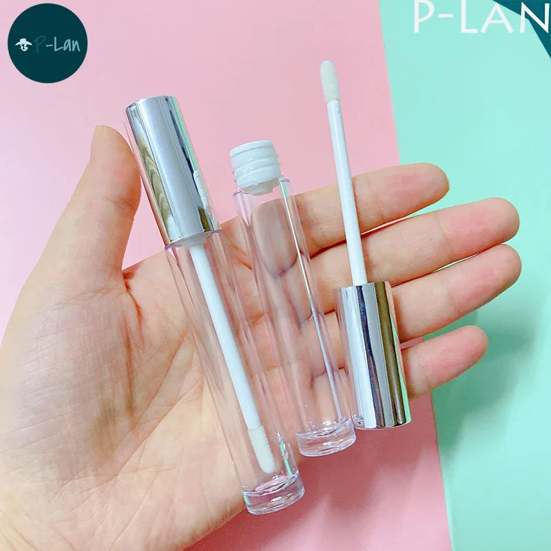 P-Lan Brand Stock 100pieces Custom Logo Round Plastic 6ml Matte Black Silver Gold Empty Lip Gloss Container Tubes With Stopper