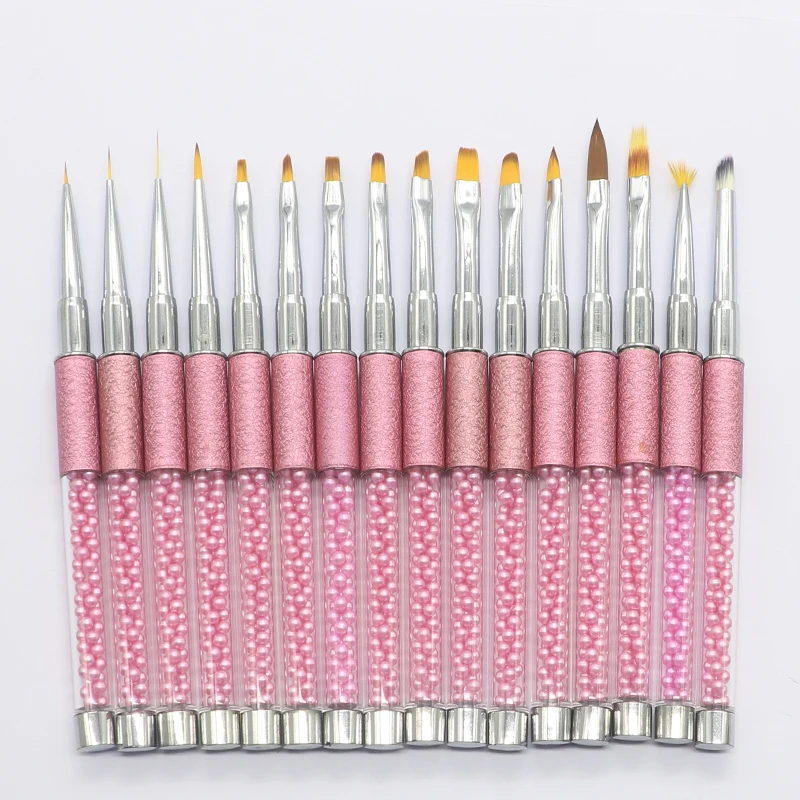 Professional 16pcs Gel Nail Brushes Set with Pearl Acrylic Handle Manicure Oval Flat 3D Detail Brush for Acrylic Nail