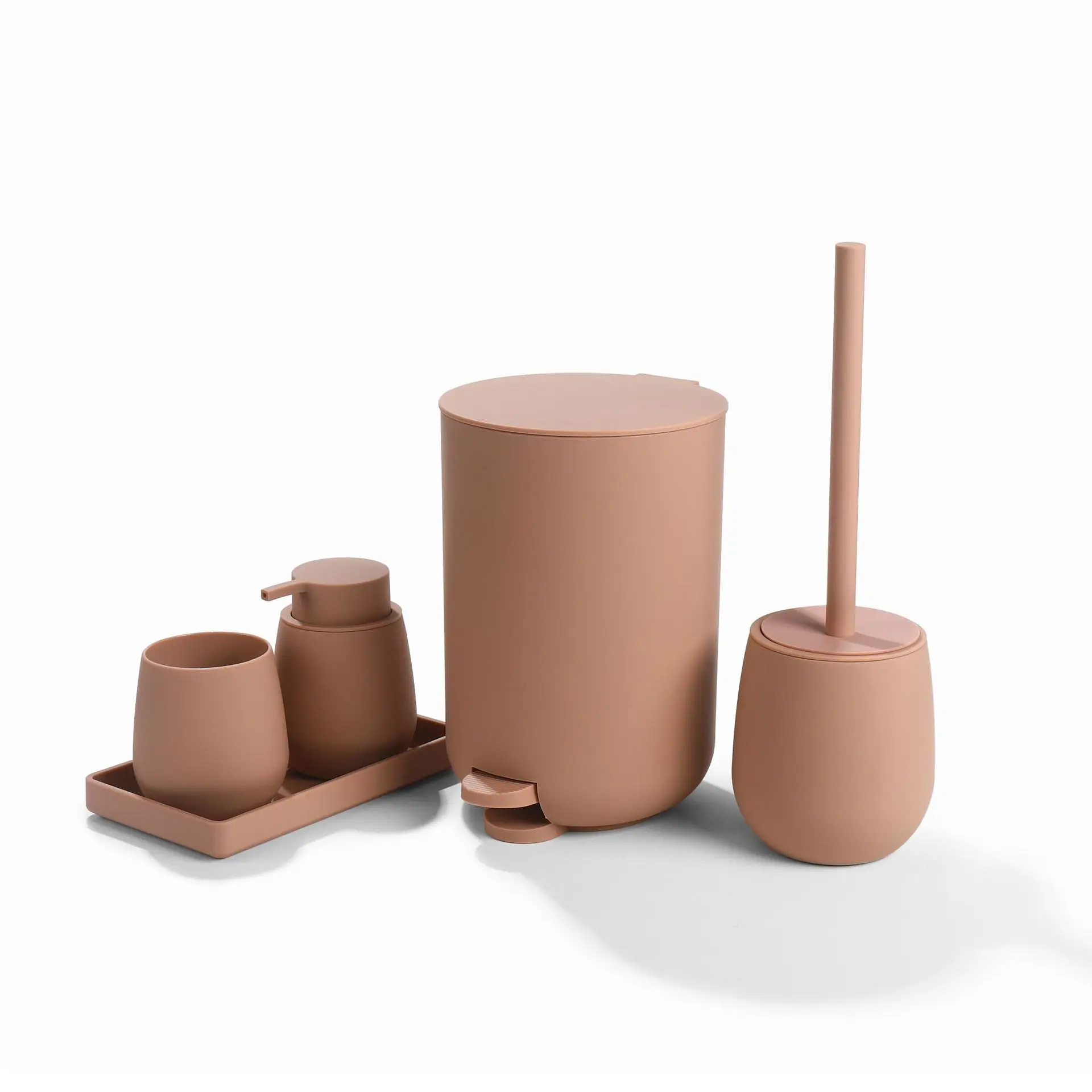 5pcs Bathroom Accessories Set Morandi Colored Toilet Brush Toothbrush holder Lotion Dispenser Bottle Trash Can and Pallet Tray