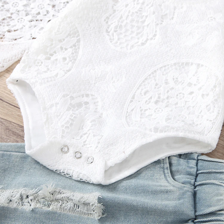 Fast Delivery Spring And Summer 2 Years Baby Girl Clothes White Butterfly Sleeve Top+Lace Denim Shorts 2Pcs Girl Clothing Set