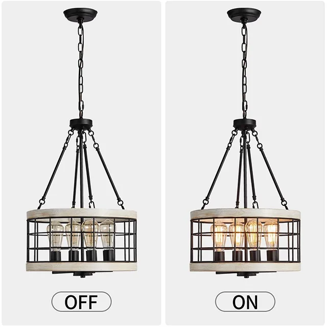 White oak and black metal finishes, suitable for bedroom, kitchen island, stairwell, country farmhouse 4 lamp chandelier