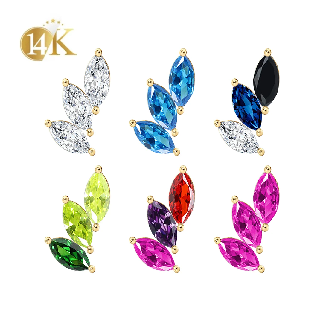 Calendo 14K Solid Gold Threadless Three Marquise Cluster Leaf Ends Tragus Conch Helix Daith Piercing Gold Earrings Body Jewelry