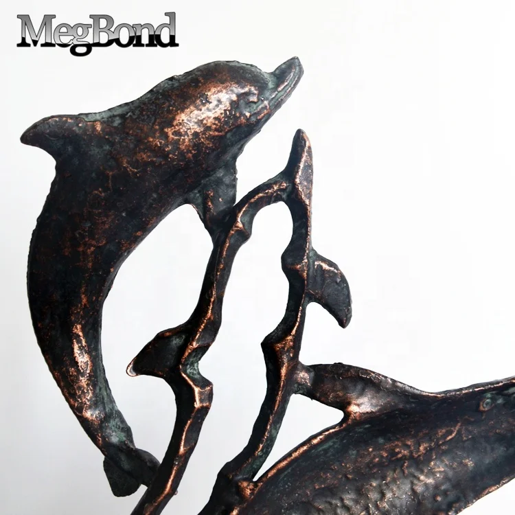 Metal dolphins desktop decor on marble base for home,  Abstract metal nautical fish sculpture