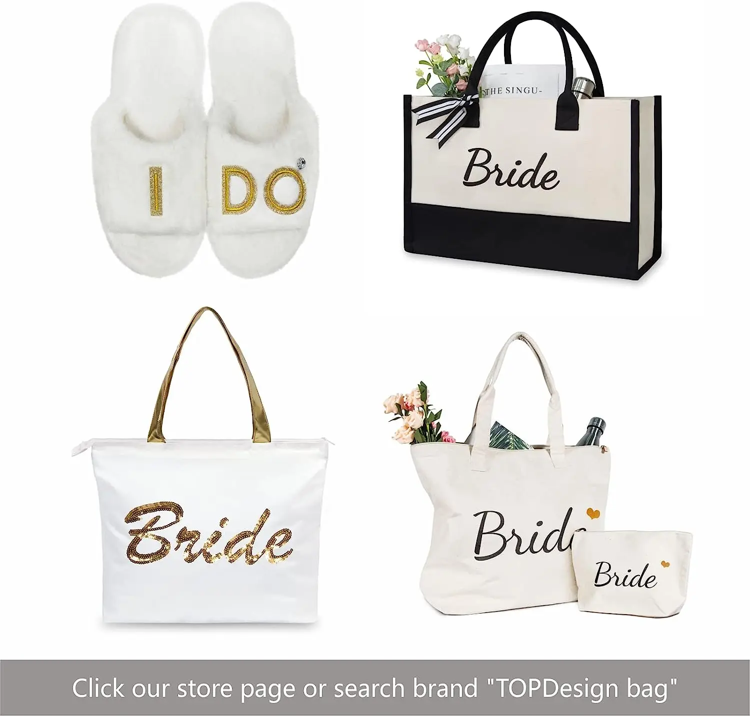 Bride Tote Bag with Makeup Bag Gifts for Engagement Bridal Shower Bachelorette Wedding Party Canvas White Bag