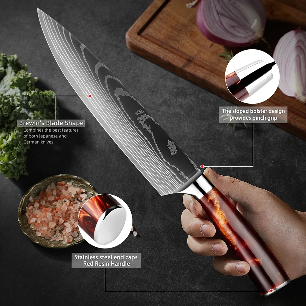 Knife Set 15-Piece Kitchen Knife Set With Wooden Block Laser Damascus Pattern Steel Pro Chef Knife With Scissor Sharpening Rod