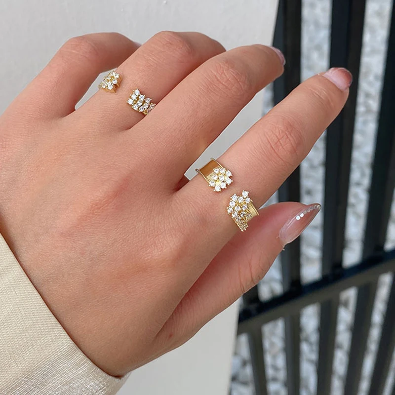 Sunken Babysbreath Textured Gold Rings Cluster CZ Stone Irregular Star Rings for Women French Wide Ring Adjustable