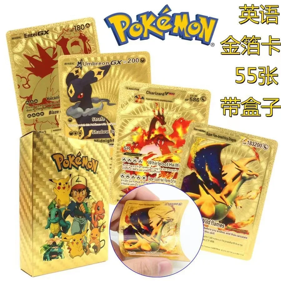 Hot Sale English 55pcs Boxed Gold Pikachu Pokemeoned Trading Game Cards For Sale pokemeones card