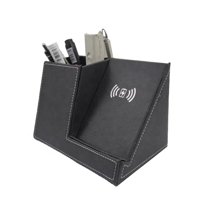 
PU Leather Office Stationery Supplier Pen holder with 10W Wireless Charger stand 