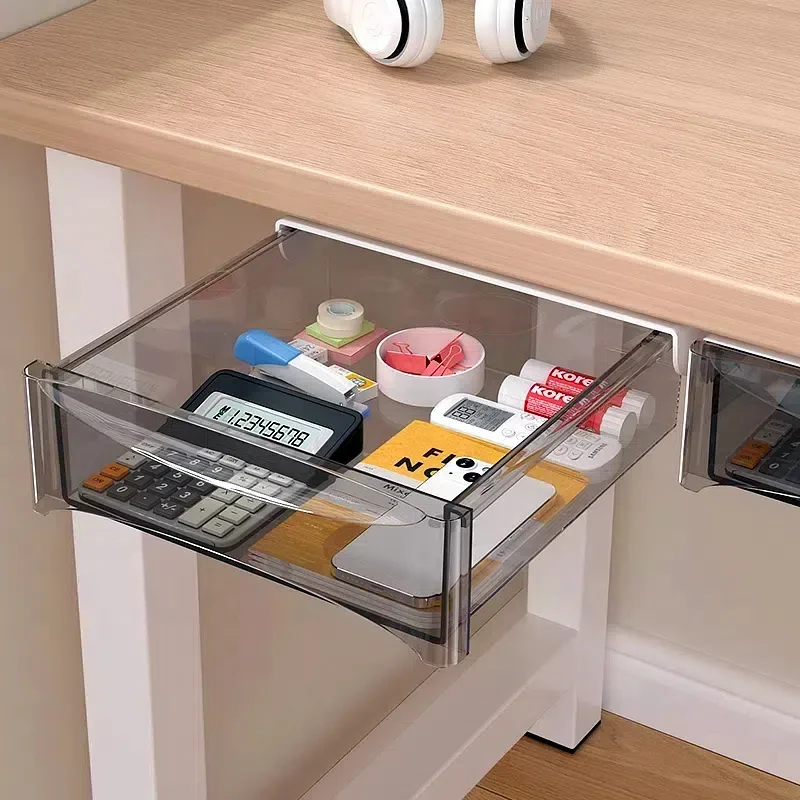 Single-Tier Self-Adhesive Desktop Organizer Wood Acrylic Storage Box Metal Tray Rack Holder Office Home Use Table Management