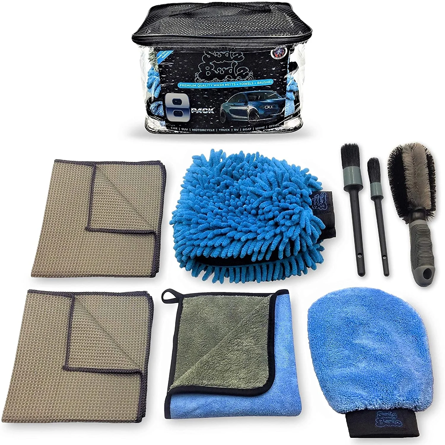 Premium Microfiber Car Wash Kit 8pcs Car Detailing Brush Set Chenille Mitt, Microfiber Towels, Wheel Brush