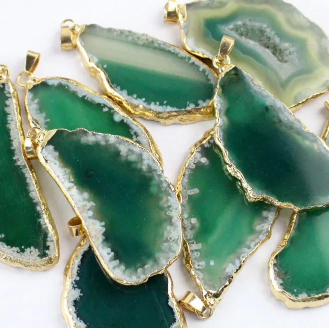 Natural Gold Plated Crystal Druzy Agate Slice Pendants Necklace for Gifts