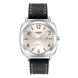 AMBER TIME Brand Luxury Mens Watches Male Clock Date Sport Leather Strap Quartz Business Watches Relogio Masculino