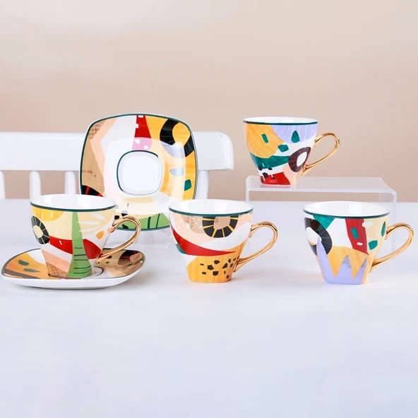Luxury Gold Handle Ceramic Cup Sets With Saucers Square ShapeTea Cups and Saucers Porcelain Wholesale Coffee Cups Gold Rim