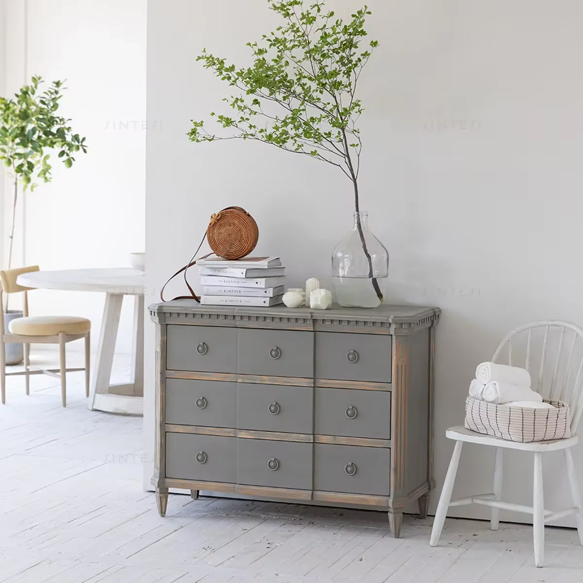 Vintage Solid Wood 6-Drawer Storage Cabinet Elegant Accent Living Room Furniture with Stylish Design for Dining Bedroom Hall