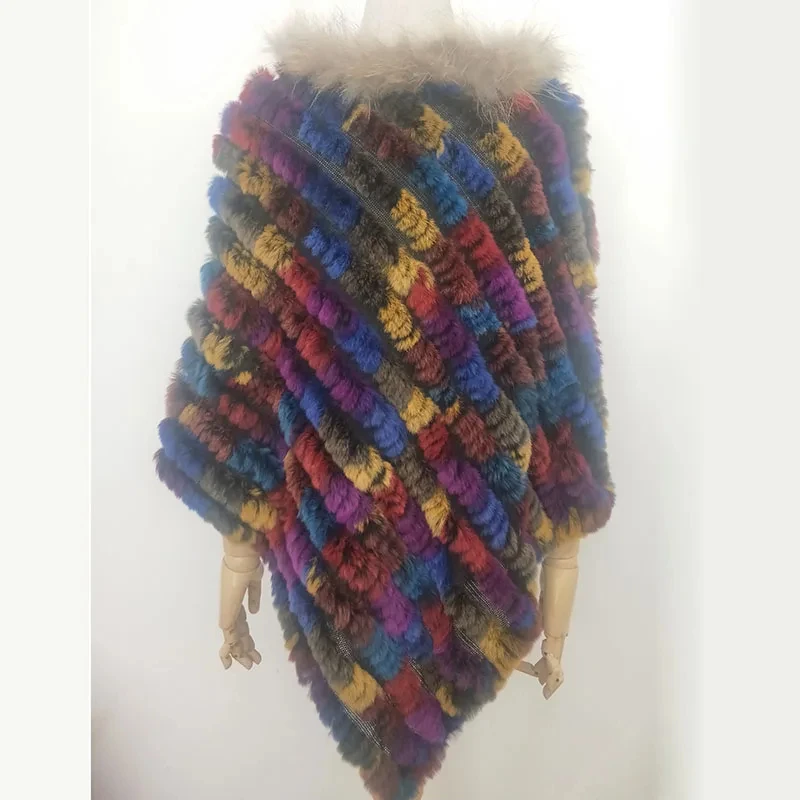 Women Knitted Loose Real Rex Rabbit Fur Poncho With Raccoon Fur Trimming Fashion Long Ladies Cape Female Natural Fur Shawl