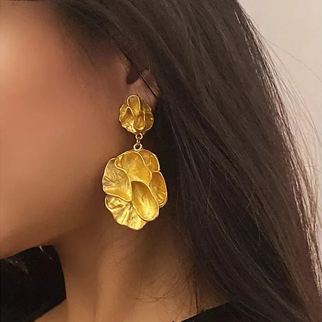 35mm*70mm Double Circle Big Hyperbole Matte Hammered Irregular Flower Earrings for Women Creative Statement Jewelry 2023