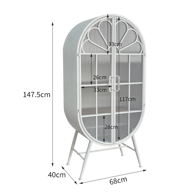 Nordic style home living room rustic white color iron metal frame oval storage display cabinet with glass doors