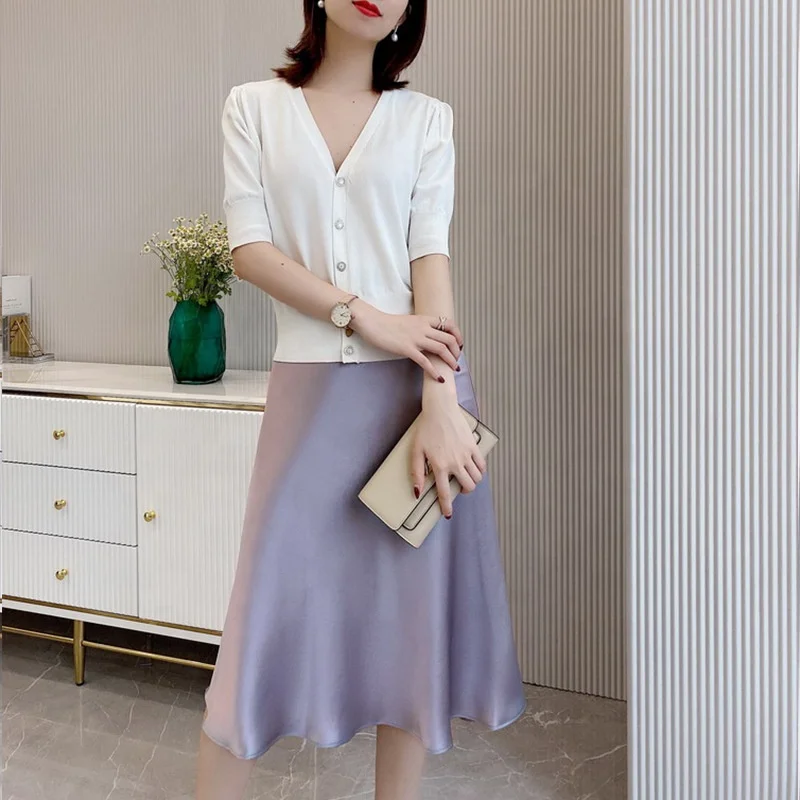 Wholesale French Elegance Girls Latex Green Satin acetate Midi Skirts Stretchy A-line Umbrella Full Flared Skirt For