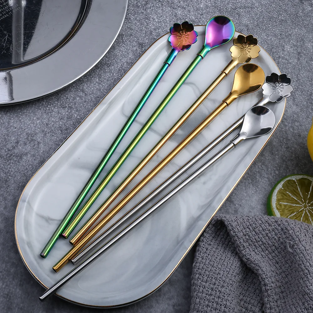 The manufacturer directly supplies stainless steel straw spoon, long handle creative cherry stirring spoon and filter leakage sp