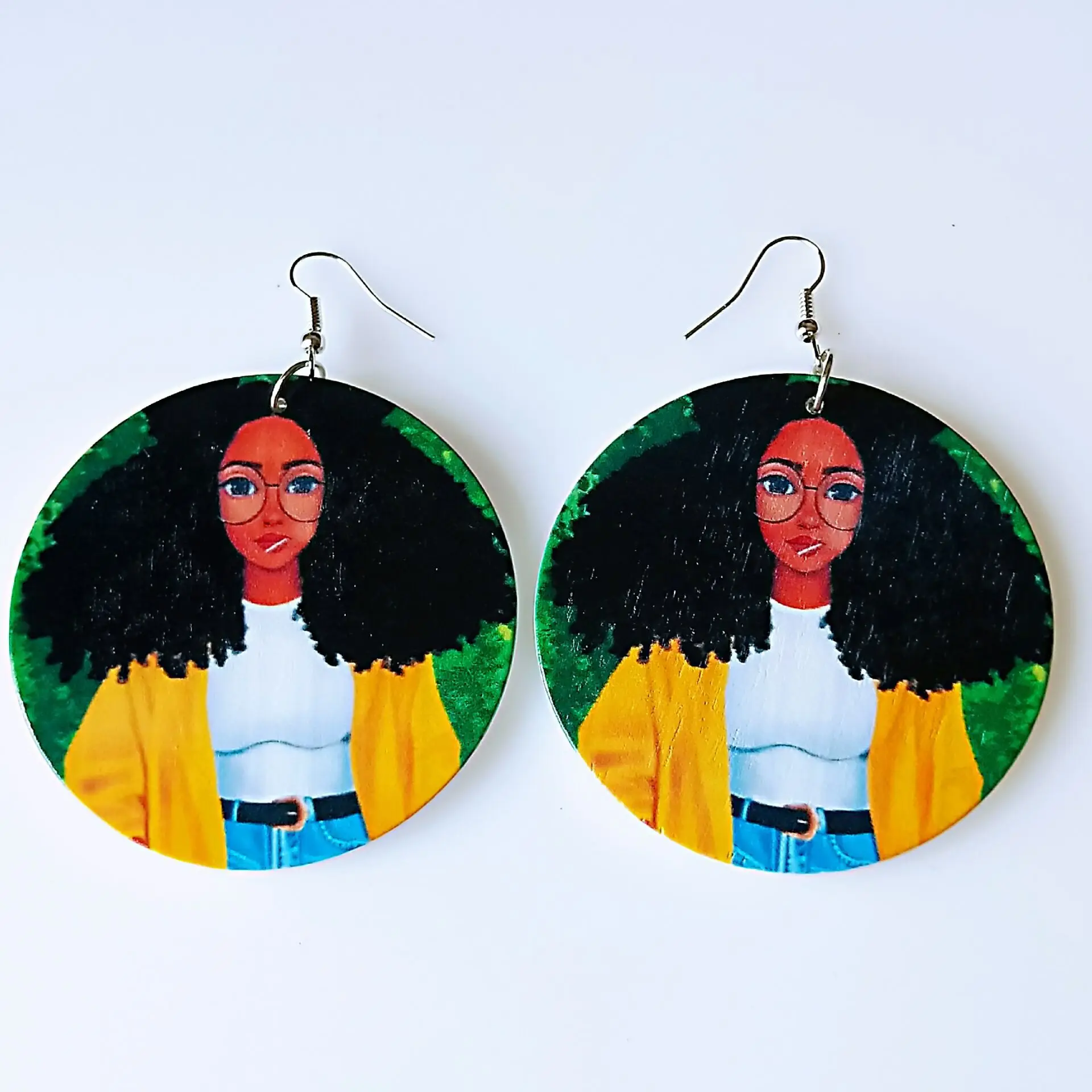 
New Wooden Tribal African Woman Earrings Printed Round Pendant Earrings Party Wedding Earrings Jewelry 