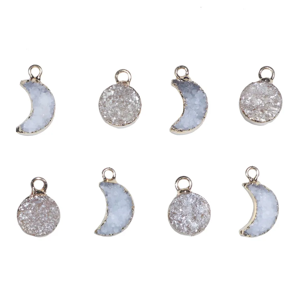 Wholesale Fashion Natural Druzy Stone Necklace Gold Plated Natural Druzy Quartz Moon Pendant Necklace