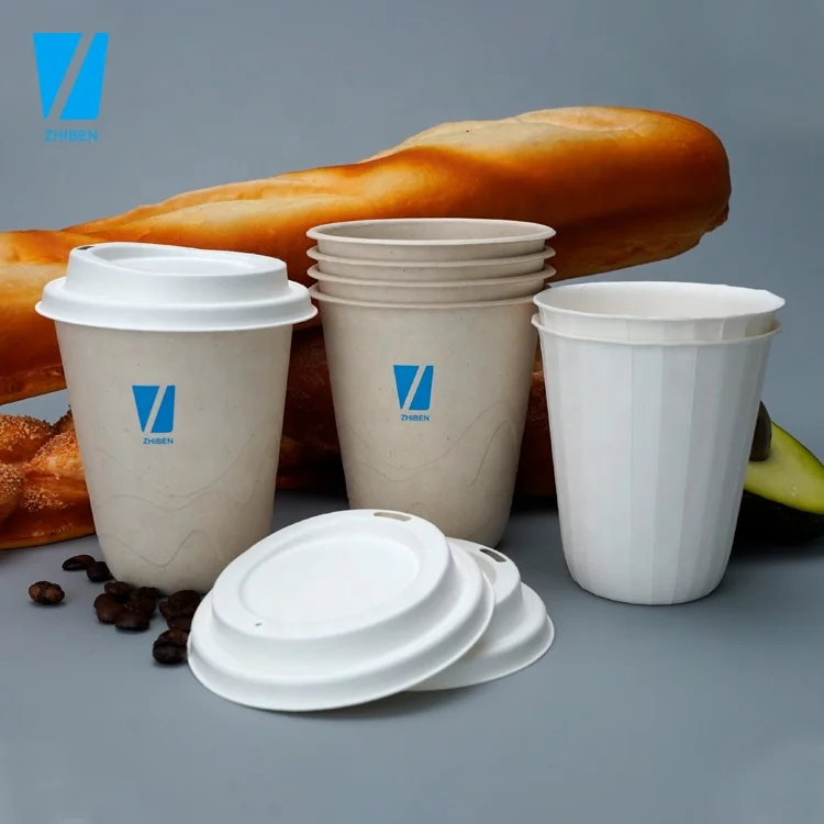 Zhiben eco flat compostable cold drink bamboo pulp paper Black Coffee embossed logo paper cup with lid
