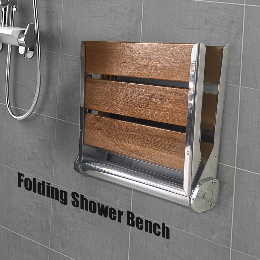 Wholesale Solid Wooden Bathroom Shower Seats Wall Mounted Shower Chair Folding Boat Shower Chair