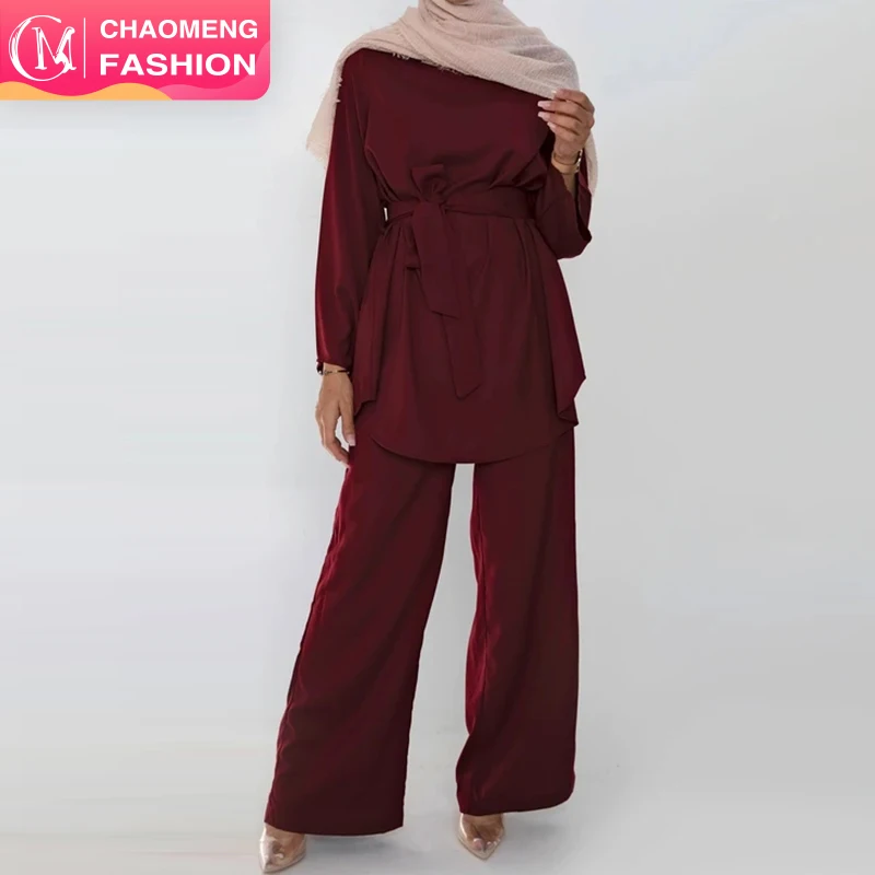 2272# High Quality Pure Color Two Pieces Set Simple Blouse And Loose Wide Leg Pant Office Fashion Sets Muslim Modest Abaya Sets