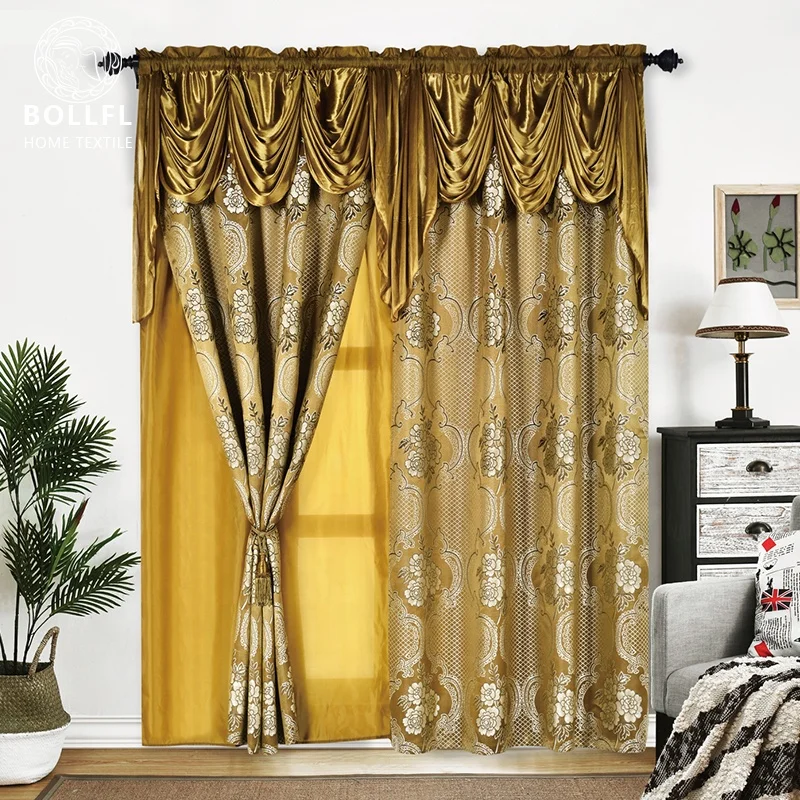 Burgundy Color Design  Shiny Fancy Jacquard Curtain with Attach Valance Accept Customization
