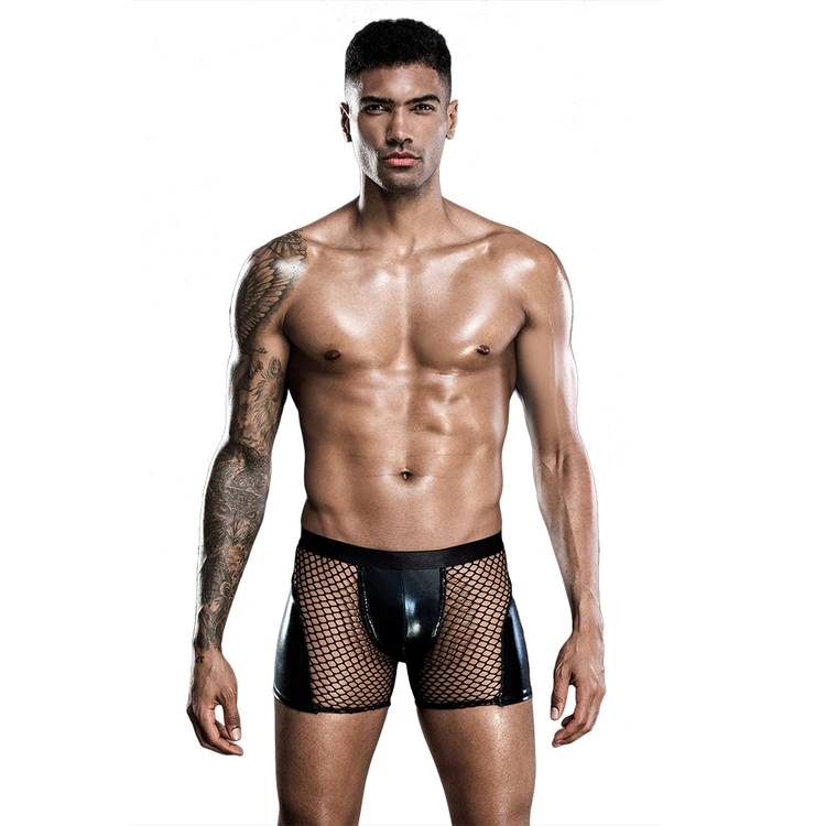 faux leather black fishnet sexy men underwear