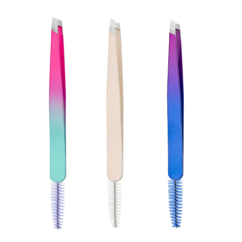 New Arrival Double Head 2 in 1 Slant Tip Hair Eyebrow Tweezers with Eyebrow Brush Stainless Steel Eyelashes Extension Tweezers
