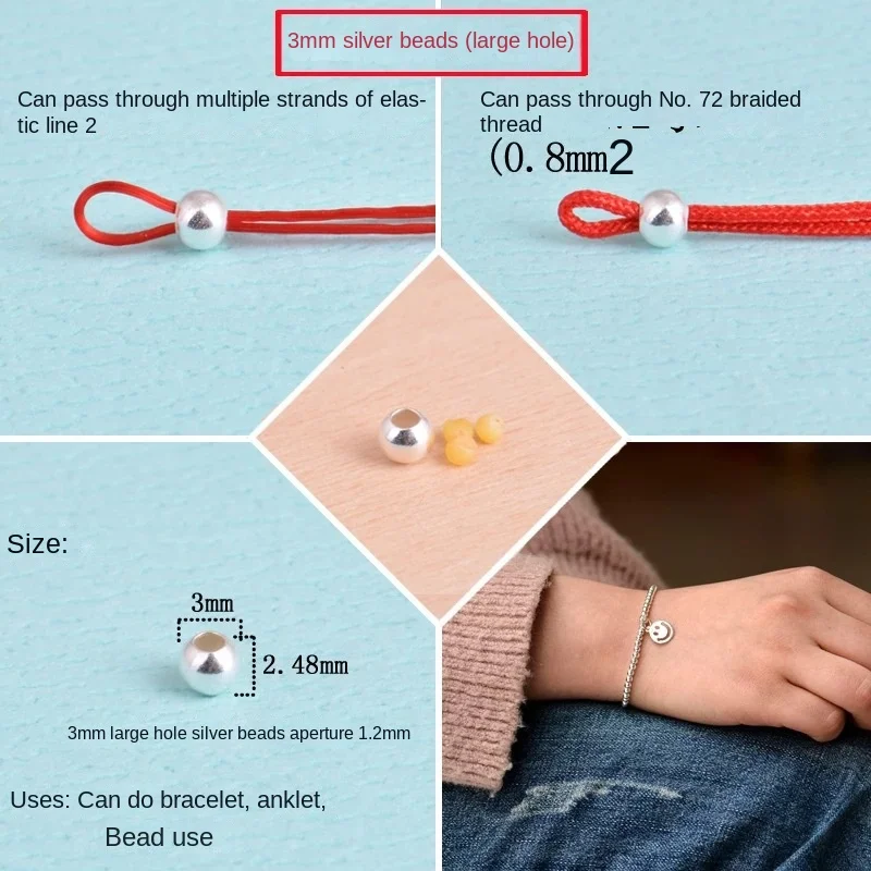 S925 Sterling Silver Beads Light Bead with Red Braided Rope DIY Material Bracelet Loose Bead with Convenient Positioning