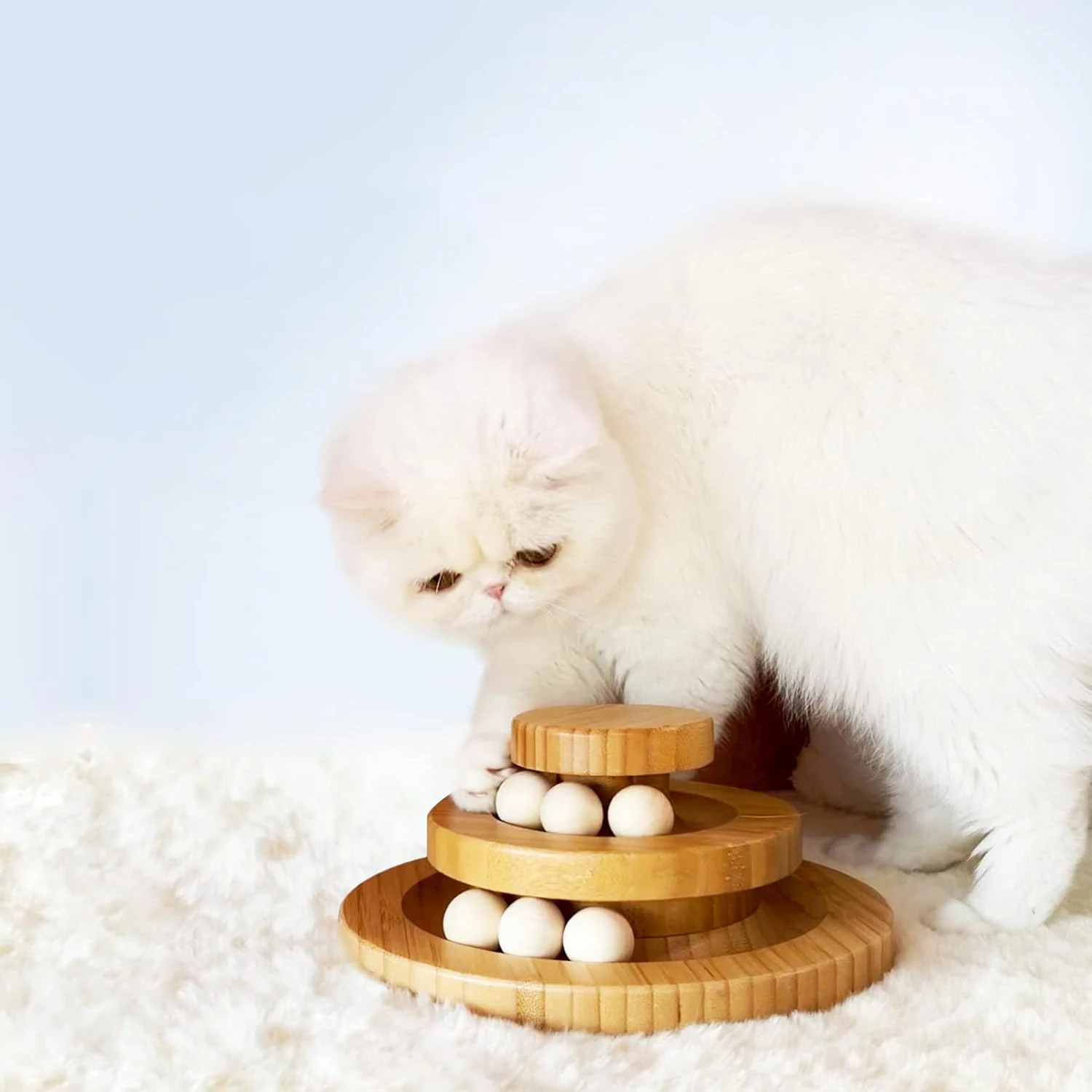 HS Natural Sustainable Wooden Pet Interactive Toy Cat Tunnel Tower Toys Three-layer Cat Turntable With Wooden Balls