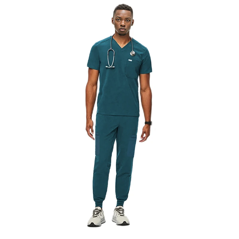 v neck olive green teal blue orange purple 4 way stretch private label male men unisex jogger uniforms hospital nurse scrubs set