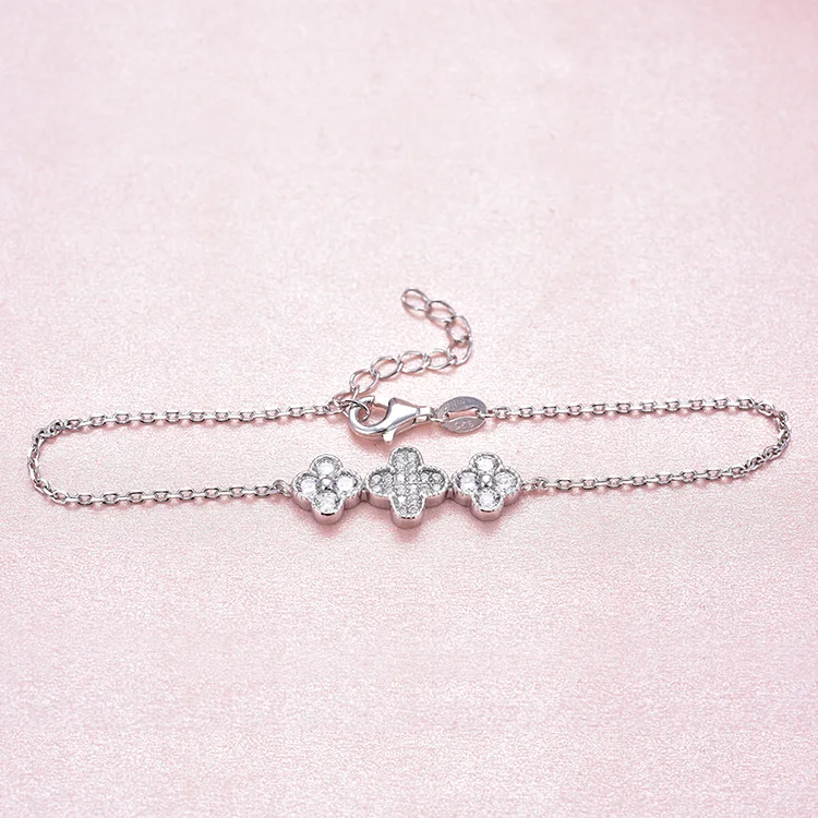 Customizable Four Leaf Clover Bracelet 925 Sterling Silver Cubic Zirconia Macrame Clover Bracelets