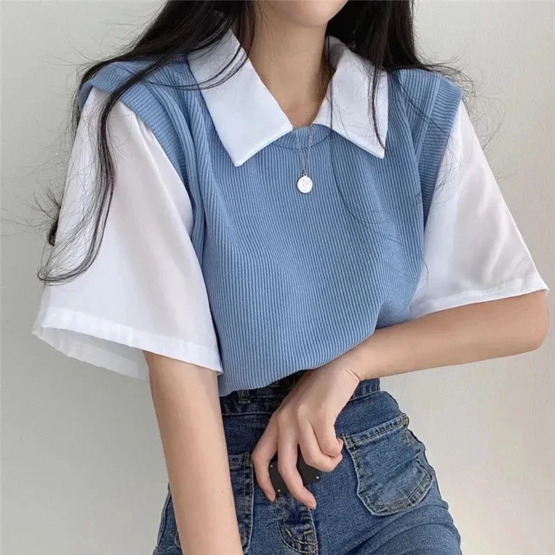 Summer Patchwork Two Piece T Shirt Women Fashion Chic Turn Down Collar Top Korean Casual Preppy Style Short Sleeve Blouse