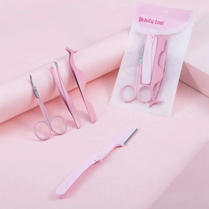 4pcs Professional Eyebrow Trimming Tool Set Eyebrow Scissor and Tweezers Eyebrow Razor Brow Tools Kit Black