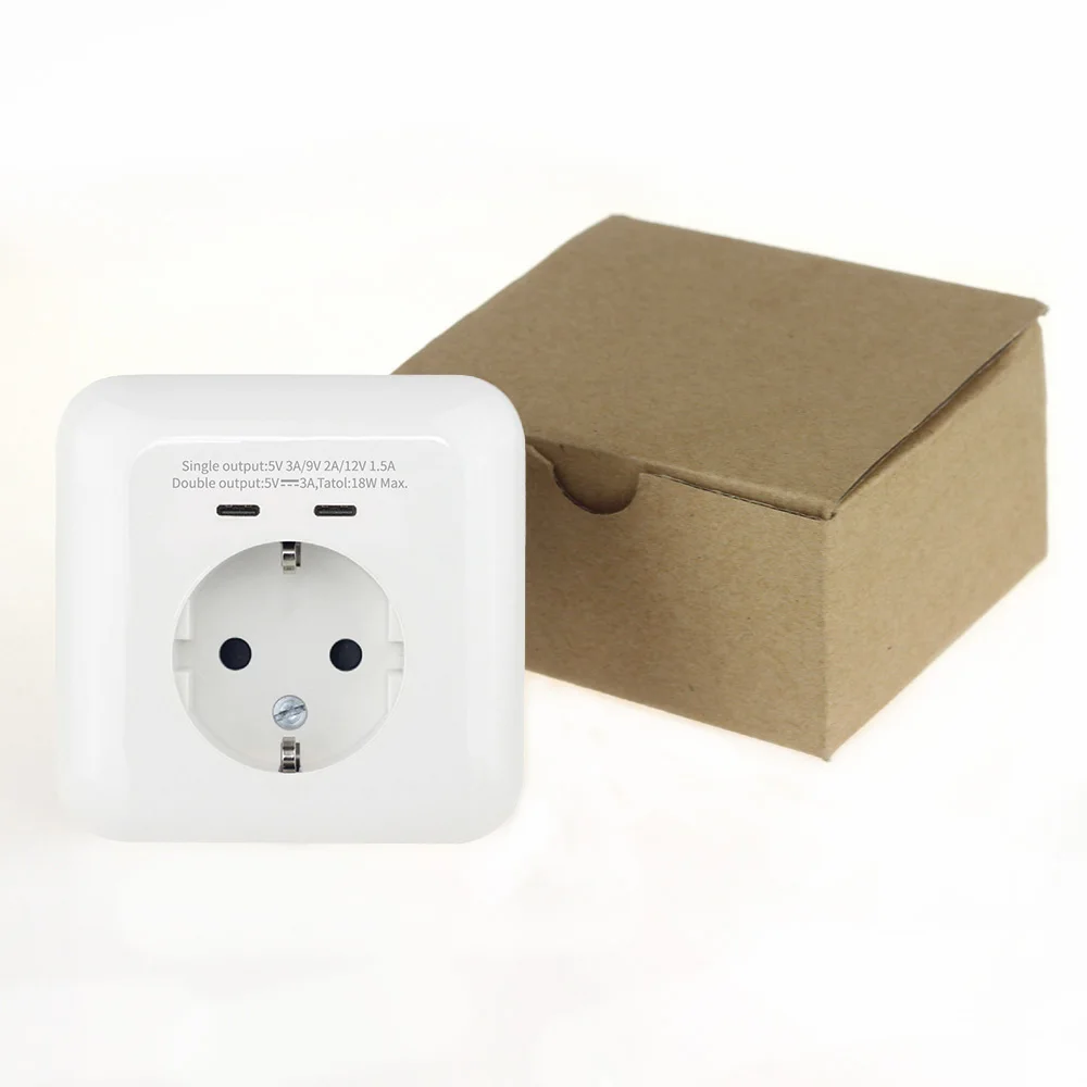 Europe Schuko Socket 2USB Type C Wall Socket Standard Grounding USB Charging Port Type C 5V 2.1A EU Power Socket Outlet