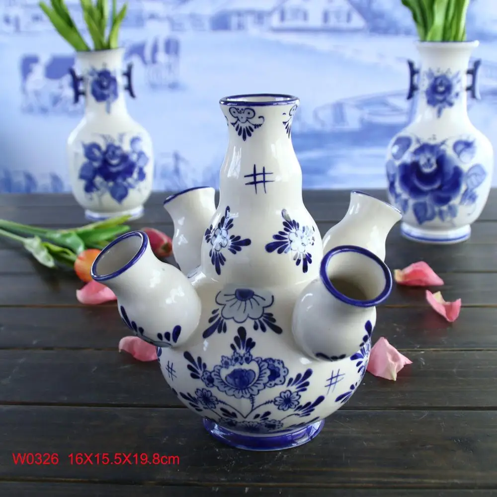 
Vintage Seven Finger Delft Tulip Vase Hand Painted Blue and White Beautiful Cond 