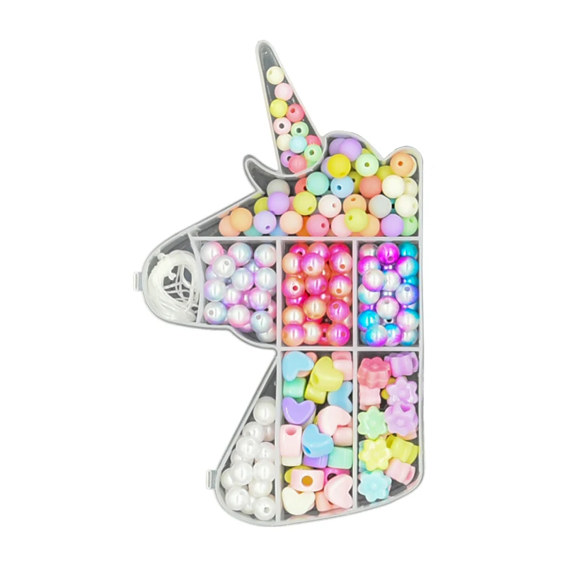 Hot Sales Fantasy Mermaid Color Faux Pearl Unicorn Plastic Acrylic ABS Round Love Heart DIY Beads  For Kids Jewelry Making Set
