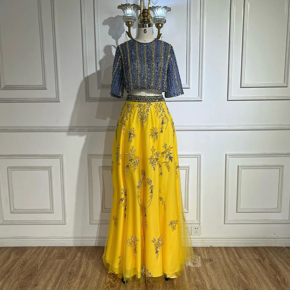 Yellow 2 Pieces A-Line Beaded Evening Dresses Serene Hill LA72470 Elegant Party Gowns for Women Wedding Event