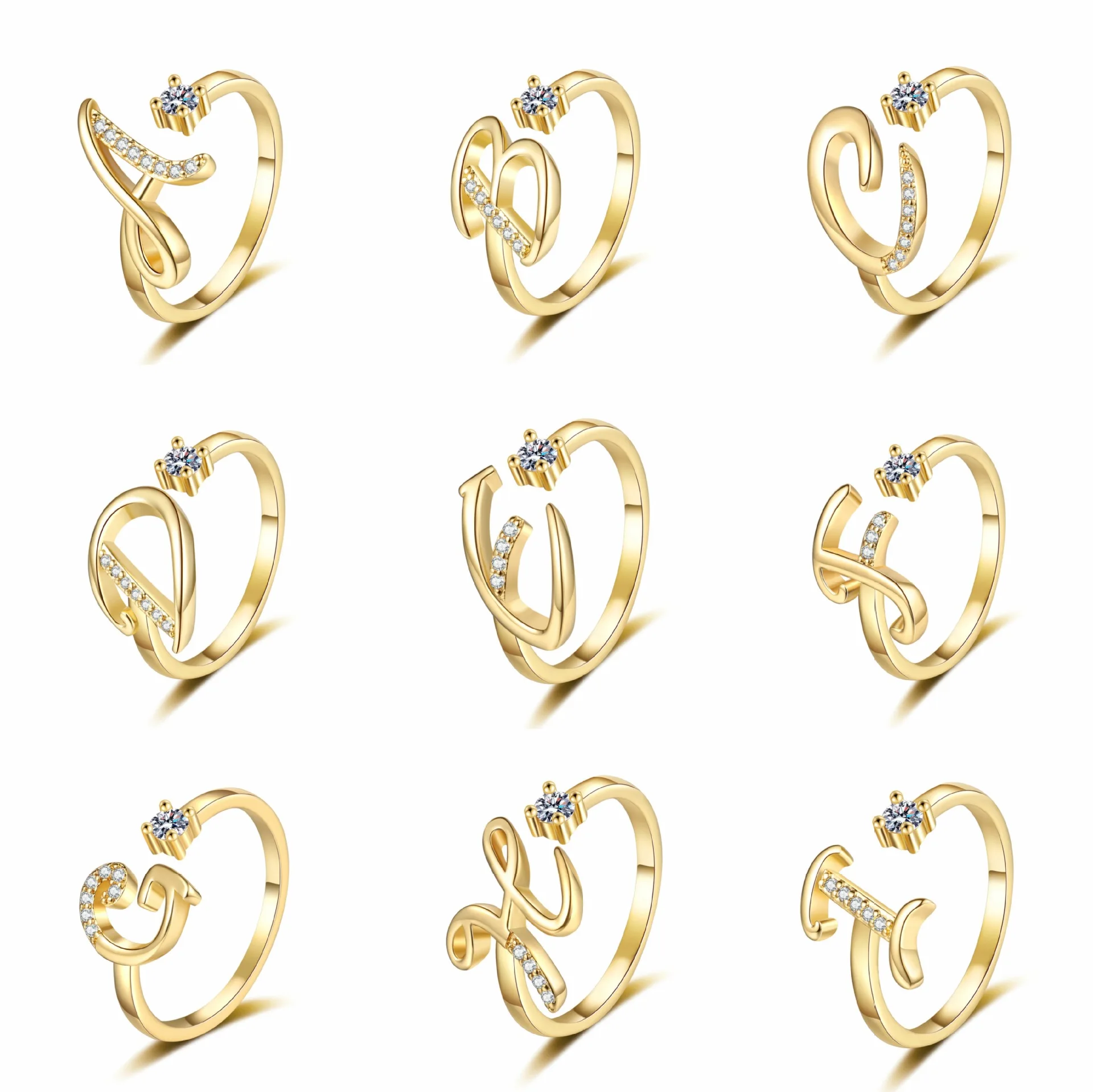 New Product 2024 Fashion Jewelry 26 Letters Initial Ring With 5A Zircon Adjustable 18K Gold White Gold Plated For Girl Women