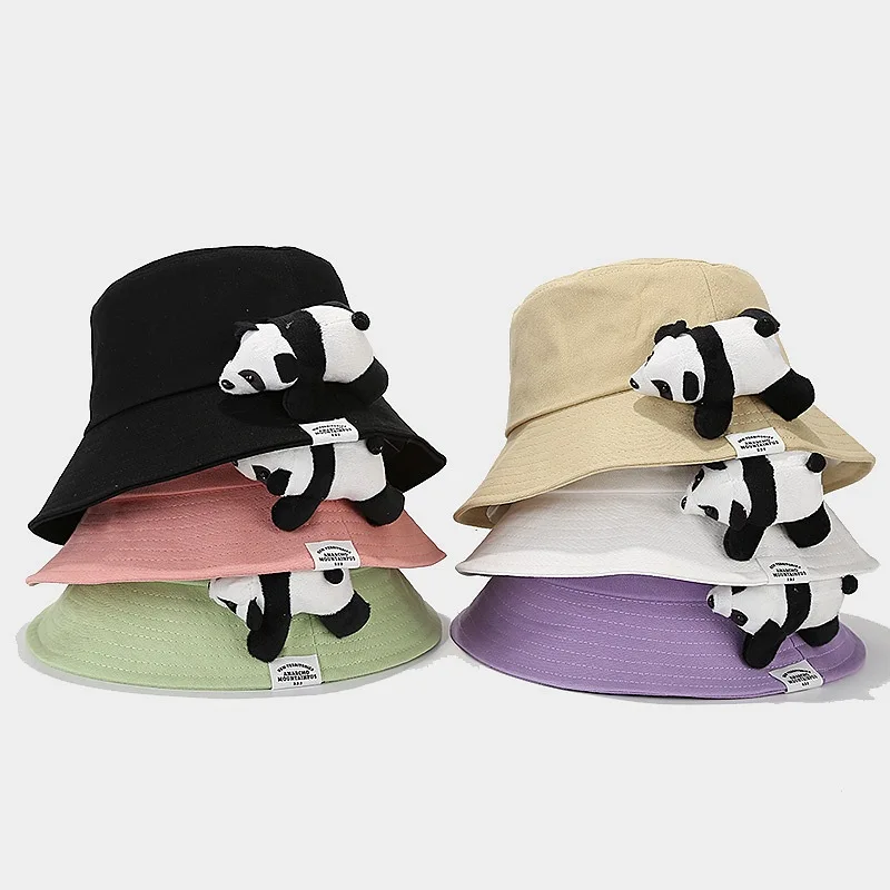 Wholesale solid color Cute Chinese panda bucket hat plain black designer bucket hats bulk cotton bucket hat