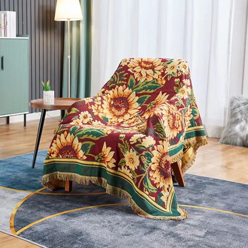 gerbera  blue sunflower cotton knitted nap sofa office wholesale three-layer thickened rural style blanket